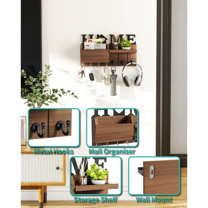 Держатель для ключів HapiRm з декором HOME, дерев'яне ключниця з 7 гачками, з полицею. Підходить для входу, передпокою, спальні, офісу, коричневий