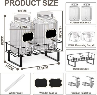 2 шт. скляні диспенсери для напоїв на 4 л з краном, металевий стійка та мірний стакан, для соку/коктейлів/трав'яного чаю, диспенсер для соку на вечірки та весілля