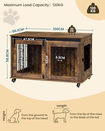 Клітка для собак EUGAD, 100 см, з 2 дверцятами та 5 колесами, для великих, середніх та маленьких собак, декоративна переноска для дому, вінтажний коричневий колір