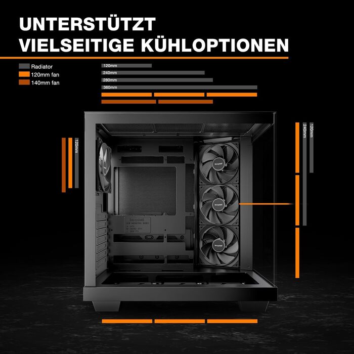 Корпус для ПК be quiet! Light Base 500 Black з повністю прозорими передньою та бічною панелями, Show Case, Dual Chamber Design, 4 вентилятори Pure Wings 3 PWM, без RGB, роз’єми на задній панелі
