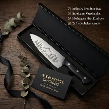 Ніж кухарський FIXLINE® Chefmesser 20 см BLACK FOREST Edition – професійний ніж для кухні, нержавіюча сталь, чорна дерев'яна ручка, подарункова упаковка