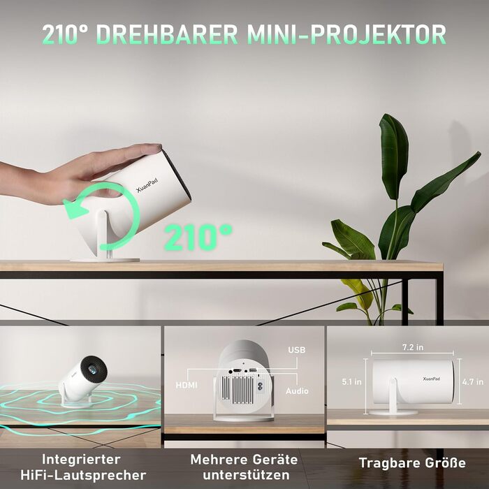 Проектор міні 1080P з автофокусом та WiFi/Bluetooth, 18000L, обертання 210°, для домашнього кінотеатру. Підтримка Netflix, автоматична корекція трапеції, фільтр пилу.