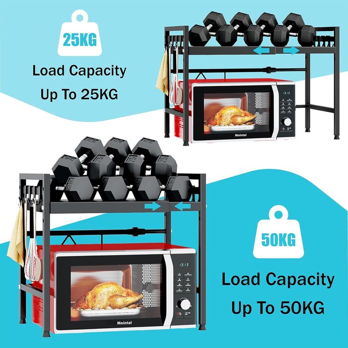 Регульована полиця для мікрохвильової печі, 2-рівнева, розширювана, металева, з 8 гачками, чорна