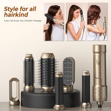 Фен-щітка 6 в 1 Airbrush Pro - професійний набір для укладки волосся | 1000W, круглі щітки, керлер, щітка для термоукладки, фен-щітка, фен, випрямляч | Для всіх типів волосся - блакитний (елегантне золото)