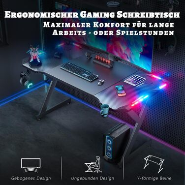 Ігровий стіл HLONONE з LED-підсвіткою, комп'ютерний стіл для геймерів 120 x 60 см, чорний