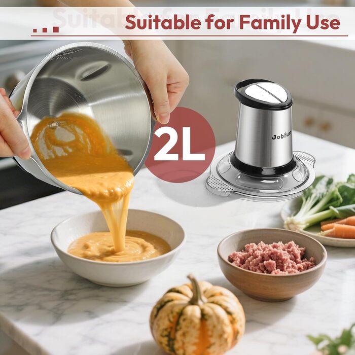 Електричний подрібнювач Jobfun 2L з нержавіючої сталі, 2 швидкості, мультиподрібнювач, м'ясорубка, подрібнювач для м'яса, цибулі, овочів (сірий)