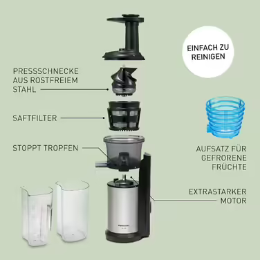 Panasonic MJ-L500S Slow Juicer / Entsafter / 2 inserts for juices & frozen ingredients / Frozen Yogurt / Silver