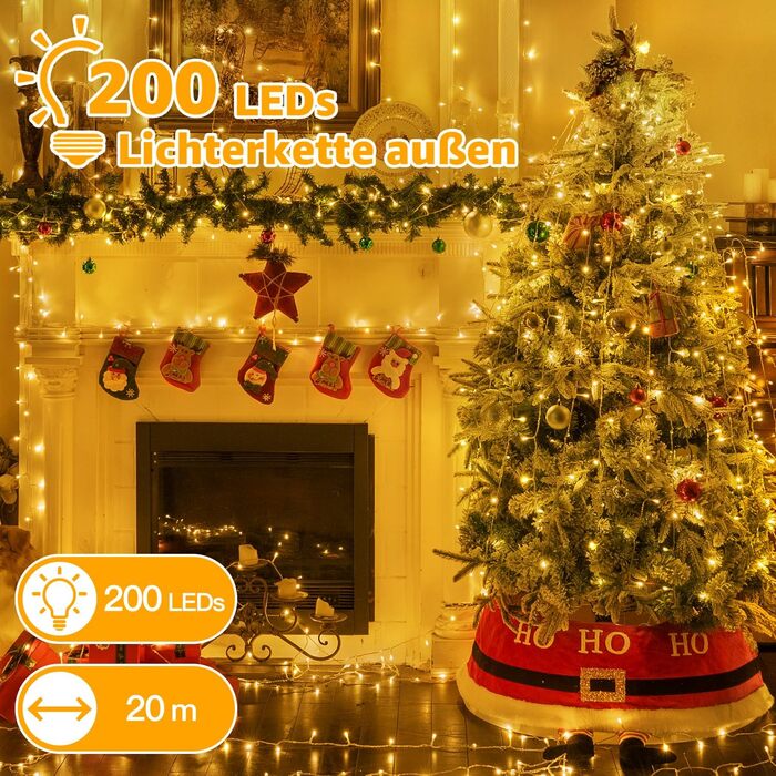 Ланцюжок прикрас Ollny 20м, 200 LED, з пультом та таймером, 8 режимів, IP44, теплий білий