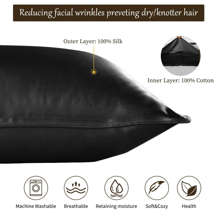 Silk 22 Momme Silk Pillowcase Set of 2, 100% Mulberry Silk Pillowcase for Hair and Skin with Envelope Closure, Soft and Smooth Silk Pillowcase, 50 x 66 cm Black