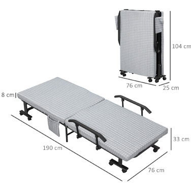 HOMCOM Folding Bed Guest Bed with Wheels and 5-Position Adjustable Backrest, Travel Bed with Steel Frame in Light Grey and Black, 190x76x33cm