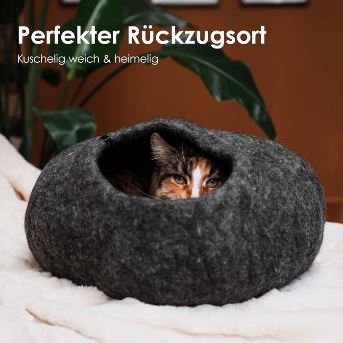 LucyBalu® Premium Cat Cave made of Felt | Natural Cat Bed made of 100% Fluffy Wool | Felt Cave for Cats Handcrafted in Nepal | Cozy Cat Cave | 45x45x28 cm | Grey