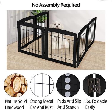 Дерев'яне перегороджувальне ґратка для собак, 4 панелі, широка, 76,2 см, складна, бар'єр для тварин з підставками, масивне тверде дерево та сталевий дріт, захисне ґратка для дверей, коридорів, 76 см висота