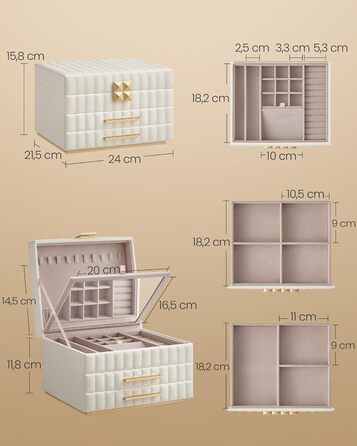 SONGMICS HOME ANAH - Шкатулка для прикрас зі дзеркалом, 3 ящики, 2 висувні шухляди, PU шкіра, ефект пасування, 21,5 x 24 x 15,8 см, подарунок, хмарно-білий JBC183W01