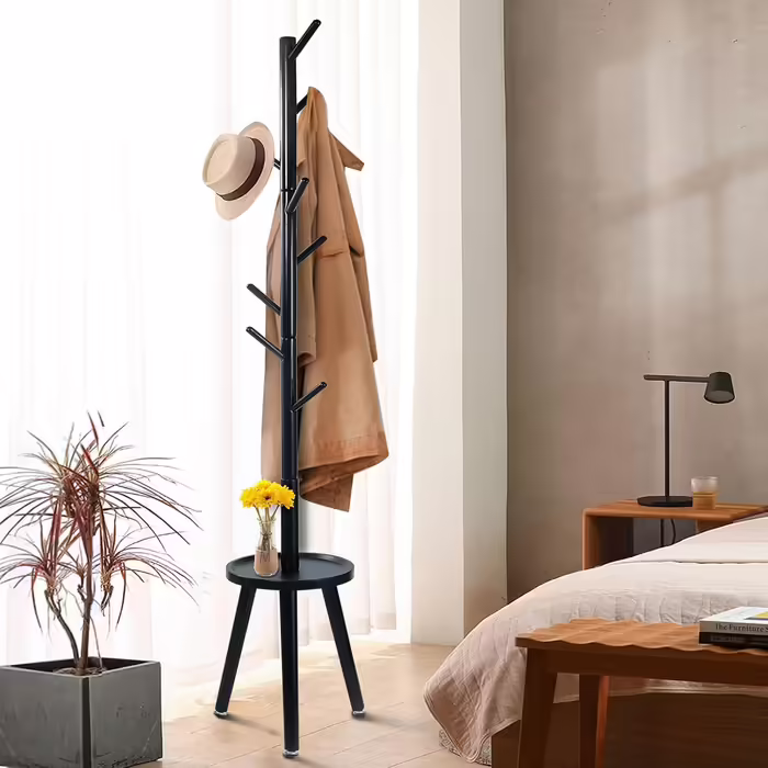 Yawinhe Coat Rack, Solid Wood Clothes Rack, Tree-Shaped Coat Stand with Anti-Slip Pad and Side Table, 8 Hooks, 3 Adjustable Heights, 182cm Height, for Entrances, Living Rooms, Black