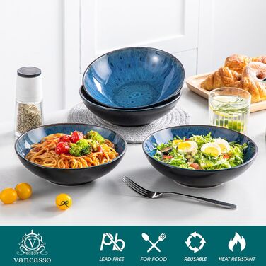 Набір супових тарілок Vancasso Bubble (4 шт.) з кераміки, 950 мл, блакитний