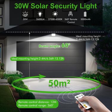CLY Solar Spotlight Outdoor with Remote Control 30W 2600LM Solar Spotlight 2700K 4000K 6000K 2 Brightness Solar Lamps for Outdoor 2 Dynamic Modes Timing Function 5000mAh Solar Outdoor Light IP66 Waterproof