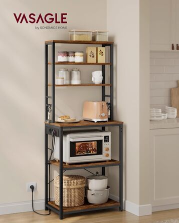 Стелаж кухонний VASAGLE з розетками, 6 полиць, гачки, сталевий каркас, 40x60x167 см, золотий дуб + білий