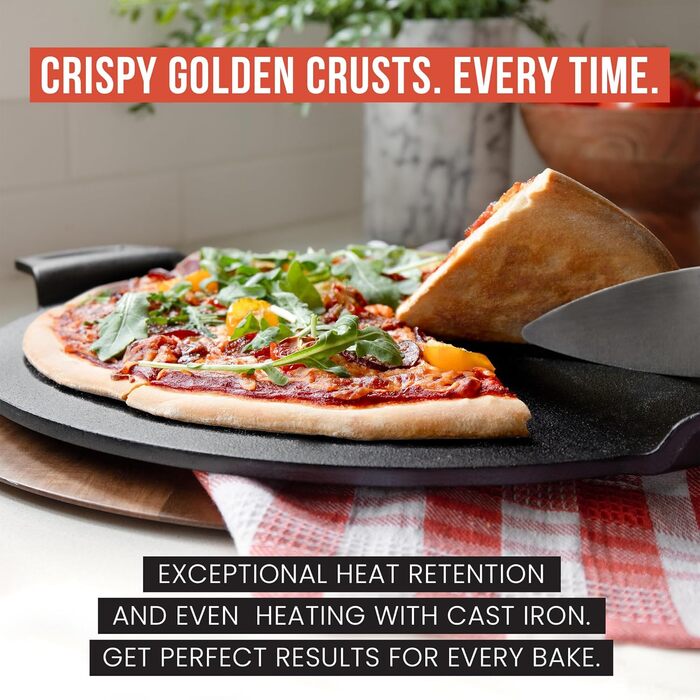 Chef Pomodoro Cast Iron Grill Pan – Cast Iron Grill Pan for Stove, Grill, Oven & Campfire – Cast Iron Pan - Pizza Pan Baking Sheet Round - Grill Plate Gas Grill - Cast Iron Pan for Gas Grill (38 cm)