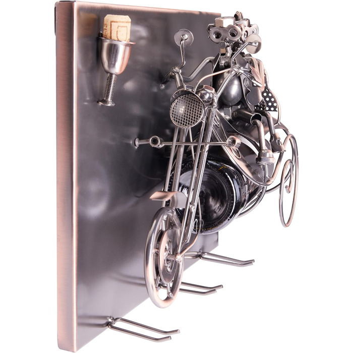 BRUBAKER Motorcycle Wine Bottle Holder Set - Wall Art Picture Metal - with 3 Glass Holders - including Greeting Card for Wine Gift