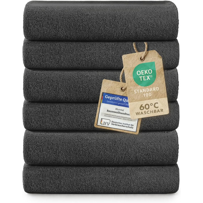Набір рушників Blumtal Premium Frottier, 6 шт., 100% бавовна, сертифікат Oeko-TEX, 50x100 см, ультрапоглинаючі, сірий антрацит, прання до 60°C