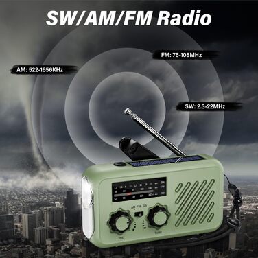 Радіо-пристрій для надзвичайних ситуацій Kurbelradio: радіо на ручку з сонячною панеллю, акумулятор 2000mAh, ліхтарик LED, SOS-сигнал, SW/AM/FM, для активного відпочинку