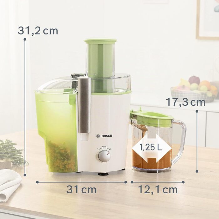 Центрифужна соковижималка Bosch VitaJuice 2 MES25A0 для овочів та фруктів, 700 Вт, XL завантажувальний отвір, сіра/яблучно-зелена