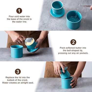 Butter dish with waterline for counter, French butter crock with lid, ceramic butter container for fresh spreadable butter, turquoise