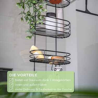 Bremermann Shower Shelf, 3 Tiers, for Hanging, with Removable Hook and Four Fixed Hooks, Black