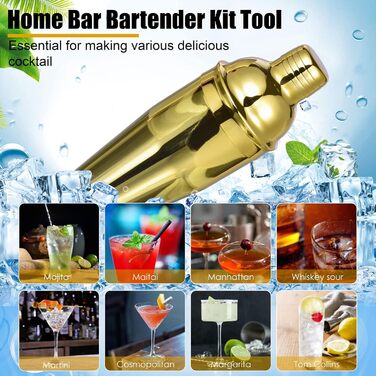 Набір шейкер для коктейлів Esmula 750 мл, 12 предметів, нержавіюча сталь, барменський аксесуар, подарунок для чоловіків та жінок, з книгою рецептів (Золотий)