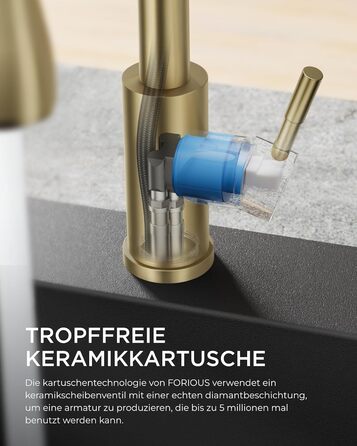 Кран кухонний FORIOUS з висувною лійкою, 360° обертання, 2 режими, шліфоване золото