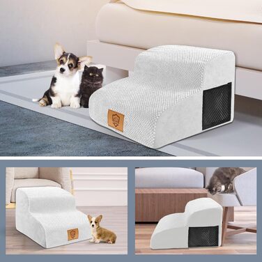 2-Step Dog Stairs, 40cm Cat Stairs with Washable Cover, Dog Stairs for Small Dogs, Pet Stairs for Dogs and Cats, Cat Stairs for Senior Cats, Black (2-Step White Dog Stairs)