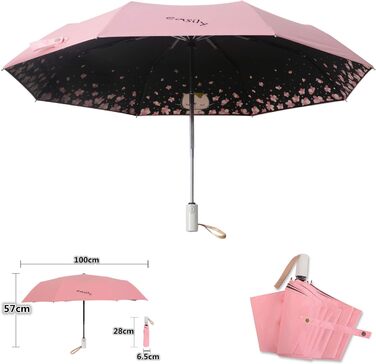 Зонт компактний та складаний з UV-захистом, переносний від Voy Lady – Рожевий, з квітковим малюнком (кіт) – діаметр 96 см
