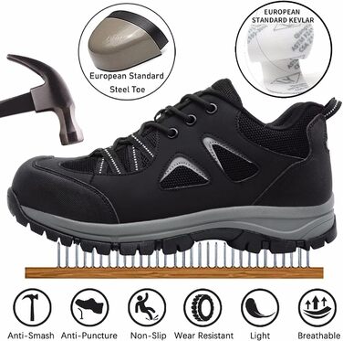 Черевики робочі чоловічі/жіночі, захисні, легкі, дихаючі, антиковзкі, з металевим підноском (чорні, 38 EU)
