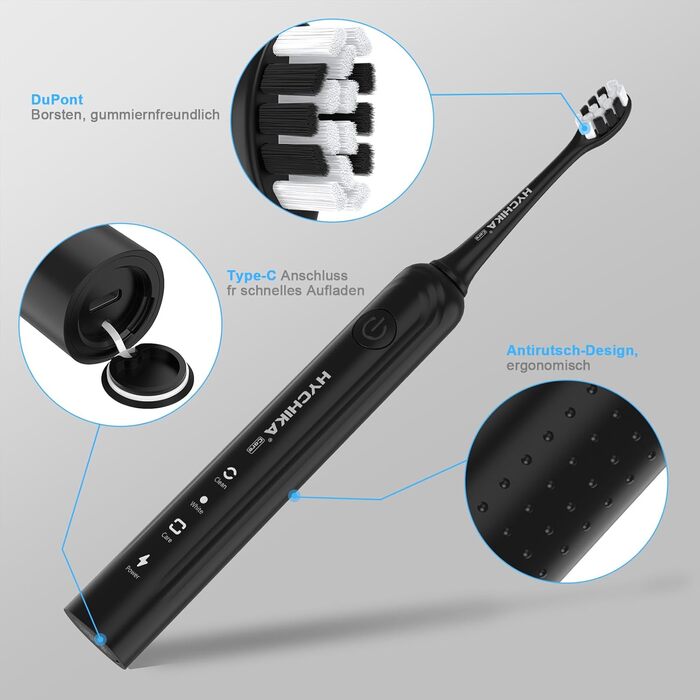 Електрична зубна щітка для дорослих з акумулятором 240 днів, 8 насадок, 3 режими, таймер 2 хв, IPX7 водонепроникна, чорна