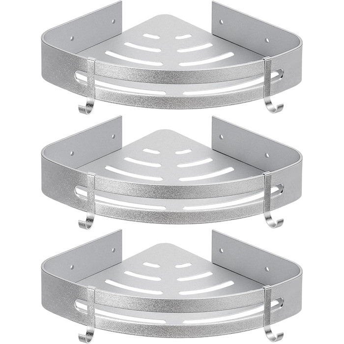 Yorbay Shower Shelf No Drilling with Mounting Material, Corner Shower Shelf No Drilling, Triangle Bathroom Shelf Made of Aluminum with Hooks, Bathroom Shelf 3-Piece Set