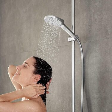 Hansgrohe Raindance Select E - water-saving showerhead 9 l/min (EcoSmart), handheld shower with 3 spray patterns, square shower head (120 x 120 mm), water-saving showerhead with anti-limescale function, Chrome, 26521000
