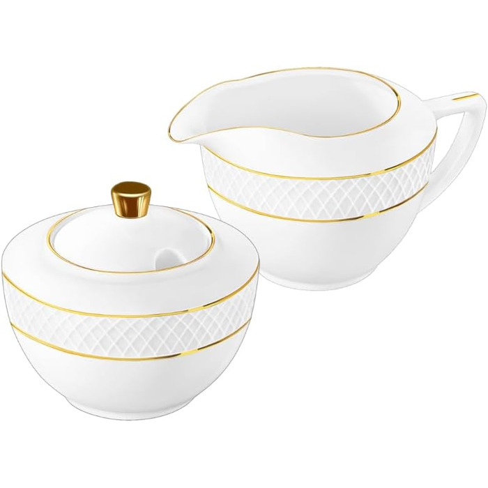 Wilmax Sugar Bowl + Milk Jug Set - 2-Piece - Porcelain Milk & Sugar Containers with Gold Pattern - White - Sugar Dispenser with Lid - Coffee Service for Milk Coffee Tea