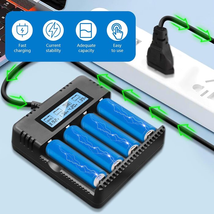 Зарядний пристрій для акумуляторів Li-Ion з LCD-дисплеєм: швидка зарядка 4 слоти, сумісний з 26650/18650/14500/16340