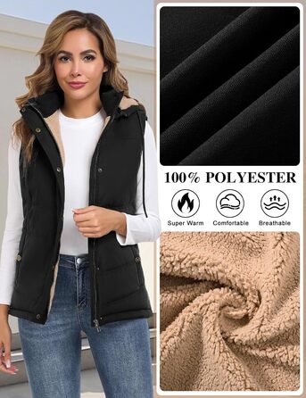 Жіноча жилетка Tuopuda з капюшоном, стеганий фліс, утеплена флісом, тепла зимова куртка без рукавів, термо жилетка, комір-стійка, жилетка з капюшоном, блискавка, осінь/зима, чорний колір, розмір L