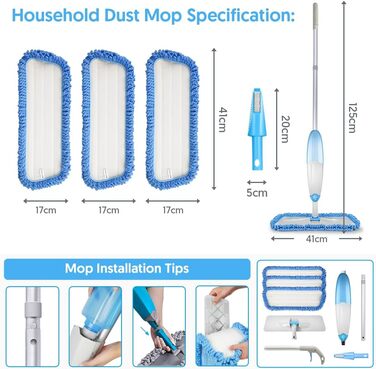 Швабра з розпилювачем, швабра для підлоги з розпилювачем, набір швабр з 3 змінними мікрофібрами, біла швабра з баком для води (435мл)