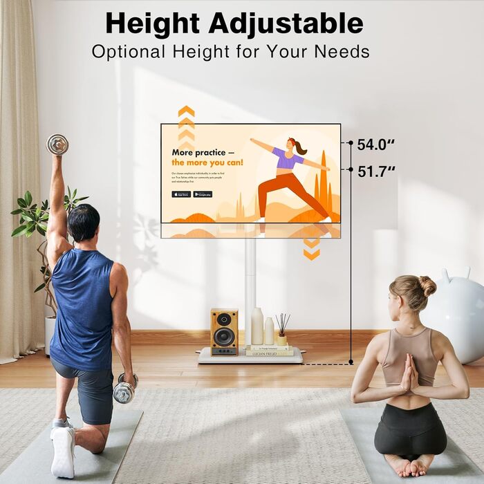Підставка для телевізора TVON на підлозі з кріпленням для більшості телевізорів 81.3 - 152.4 см (32-60 дюймів) до 40 кг, регульована по висоті підставка з дерев'яною основою, економна, підлогова підставка для телевізора білого кольору з дерев'яною основою