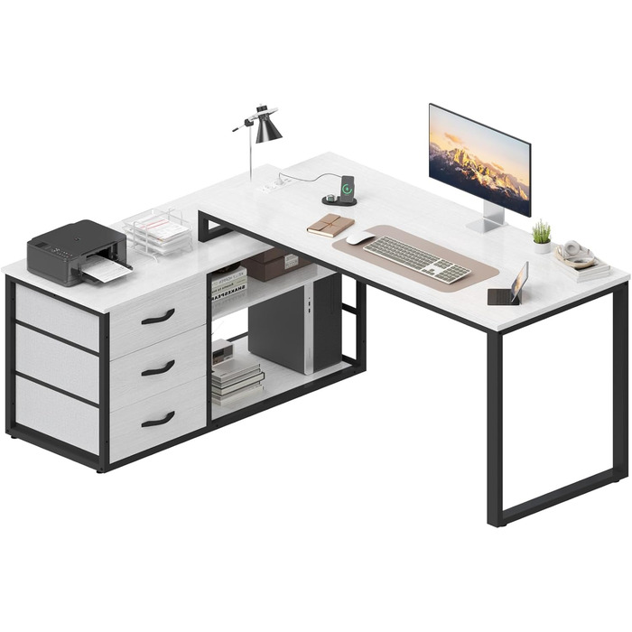 TRIUMPHKEY L-Shaped Desk with 3 Drawers & Storage - Reversible Corner Desk with USB Charging Ports & Outlets - White & Grey (140 x 105 x 75 cm)