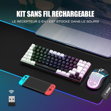 RedThunder K84 Combo: Бездротова клавіатура та миша USB, AZERTY (французька), 75% TKL, 3200 DPI (Чорний/Білий)