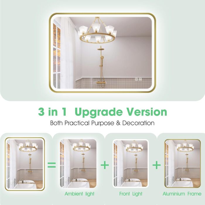 Дзеркало для ванної кімнати S'bagno з підсвічуванням 100x70 см, алюмінієва рама, антизапарник, 3000-6500K, пам'ять, IP44, горизонтальне/вертикальне, чорне