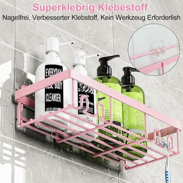 WwuHua Shower Shelf No Drilling, 2 Pack Shower Shelf, Shower Shelf for Hanging with 4 Hooks, Shampoo Holder for Shower, Bathroom Organizer for Shampoo and Shower Gel, Pink