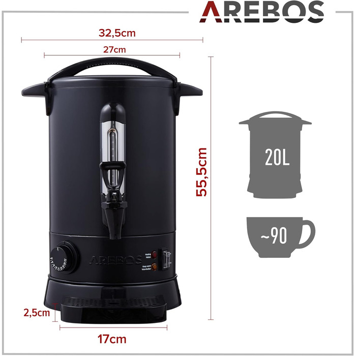 Arebos Glühwein Cooker 1650 W | Hot Beverage Dispenser | 20 L | with Drip Tray, Tap, Thermostat, and Overheating Protection | Temperature Setting from 30-110 °C (Black)