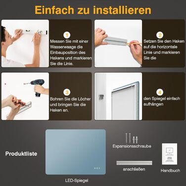 Дзеркало для ванної кімнати з підсвічуванням LED, 100x60 см, 3 кольори світла, регулювання яскравості, пам'ять, сенсорне управління, IP44, захист від вологи