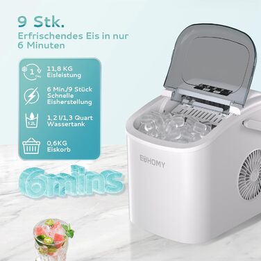 Машина для льоду EUHOMY, 12 кг/24 год, чорна, самоочисна, 1.2 л