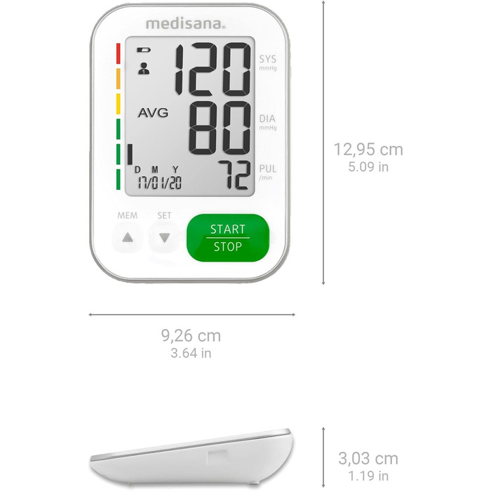 Тонометр Medisana BU 565 для вимірювання артеріального тиску на плечі, з пам'яттю, великим дисплеєм, шкалою-індикатором та функцією виявлення аритмії, без Bluetooth