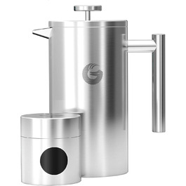 Coffee Gator French Press Coffee Maker - Stainless Steel Thermal Coffee Carafe for Longer Hot Coffee - 1 Liter – Stainless Steel - Includes Travel Coffee Canister Silver